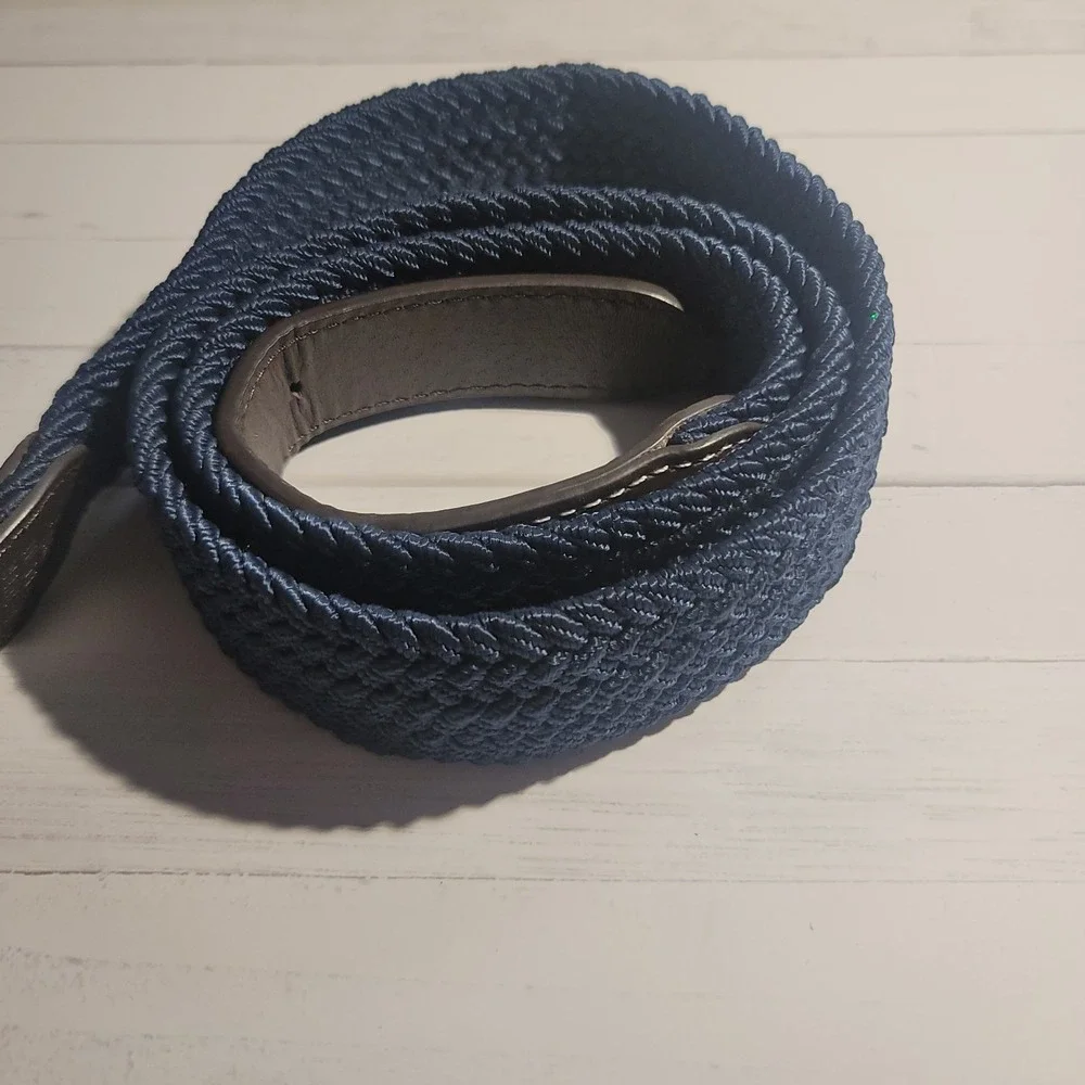 Navy‎ Blue Canvas Woven Belt Large Brown Leather Preppy Casual Business